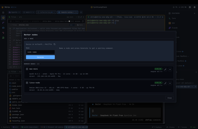 Strix app pairing a new node with a generated pair command