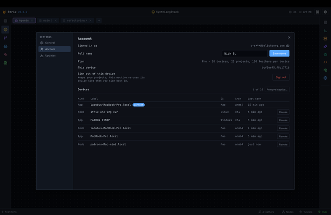 Strix account screen listing every paired device with a revoke action